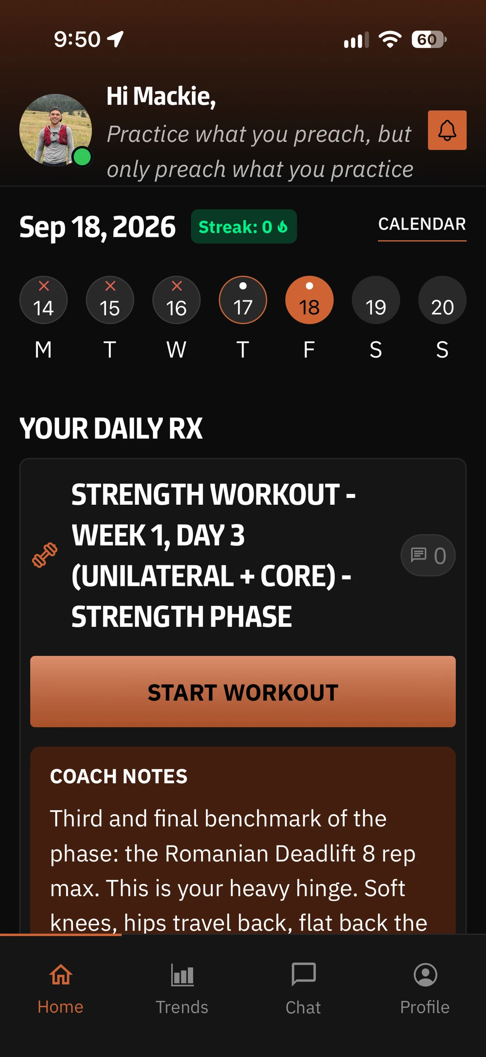 The coaching app showing a weekly calendar, a strength workout, and coach notes